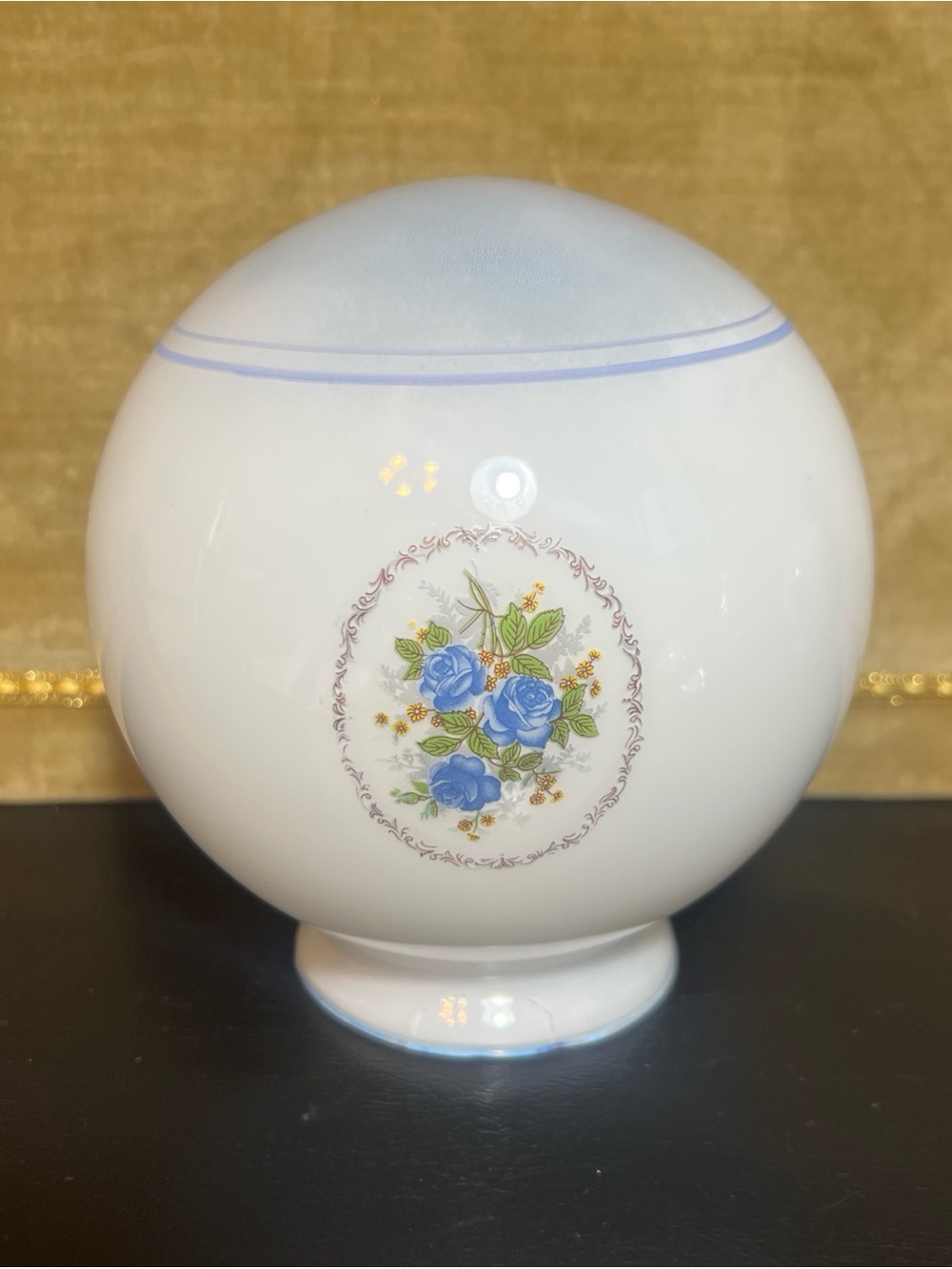 6" Round Milk Glass Light Globe Blue Floral Roses Stripes 3-1/8" Fitter Vintage